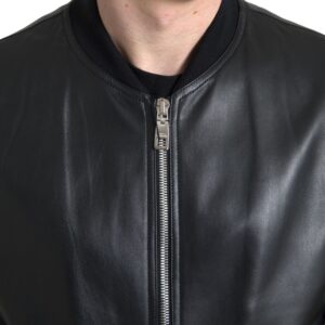 Black Leather Full Zip Bomber Men Jacket