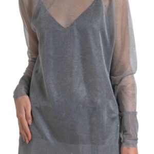 Gray Mesh Turtleneck Long Sleeve Blouse Top