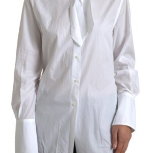 White Cotton Ascot Collar Long Sleeves Top