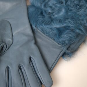 Blue Leather Fur Mid Arm Length Gloves