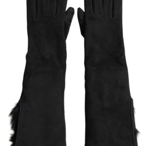 Black Leather Fur Elbow Length Gloves