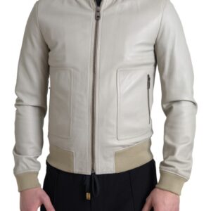 Cream Leather Bomber Blouson Full Zip Jacket