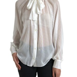 White Silk Sheer Tied Neck Polka Dots Blouse