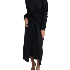 Black Wool Wrap Sheath Midi Gown Dress