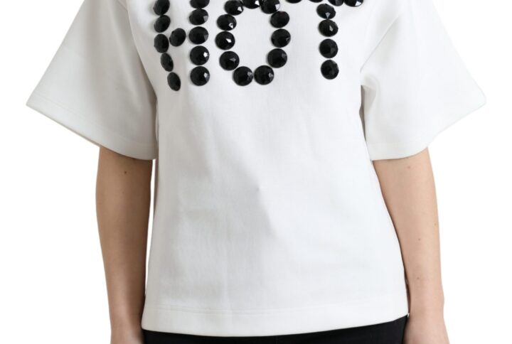 T-shirt White Cotton Stretch Black HOT Crystal - Jag Couture London