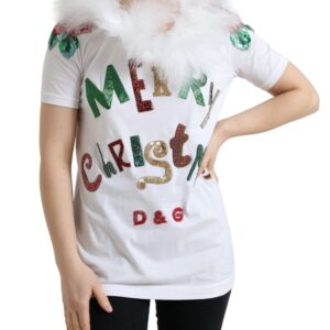White Cotton Christmas Sequin Fur T-shirt