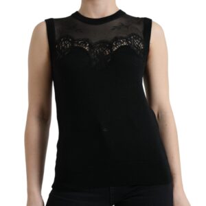 Black Cashmere Lace Trim Sleeveless Tank Top