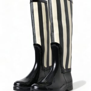 Black Rubber Knee High Flat Boots Shoes