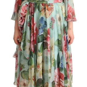 Multicolor Green Floral Silk Wrap Midi Dress