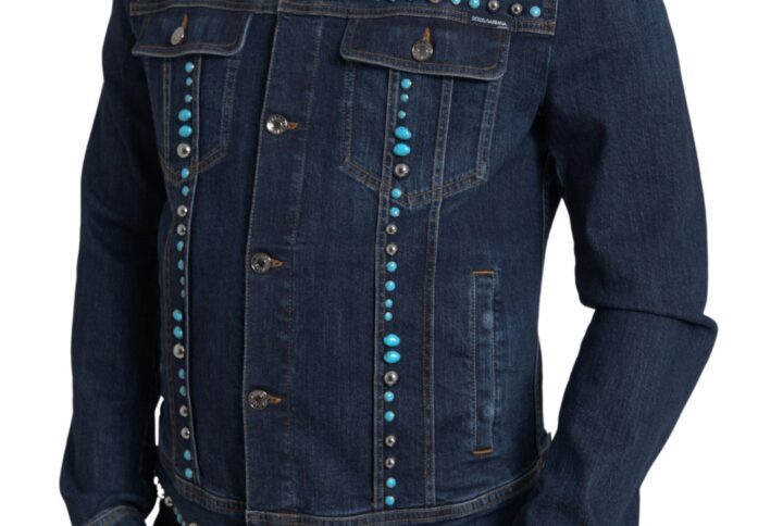 Blue Denim Turquoise Stones Studded Jacket - Jag Couture London