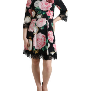 Black Floral Embellished Lace A-line Dress