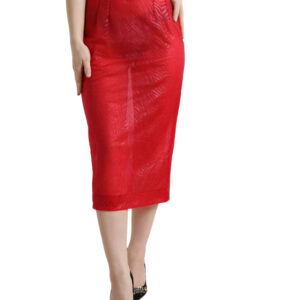 Red Sheer High Waist Pencil Cut Midi Skirt