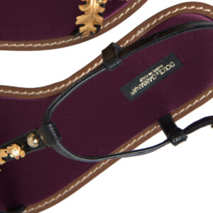 Black Crystal Gold Sandals Leather Shoes