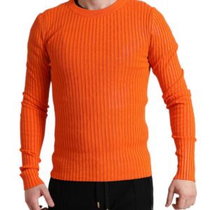 Orange Knitted Crewneck Men Pullover Sweater