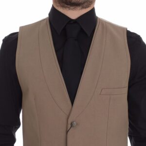 Beige Cotton Slim Fit Button Front Dress Vest