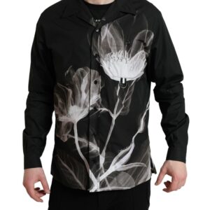 Black Floral Cotton Collared Long Sleeves Men Shirt