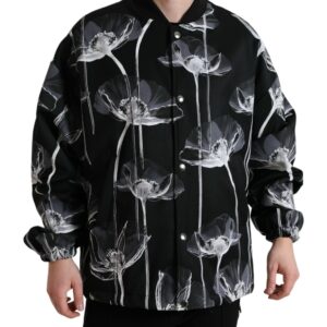 Black Floral Print Wool Button Down Bomber Jacket