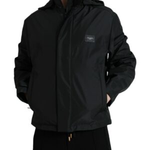 Black Polyester Logo Plaque Hooded Jacket