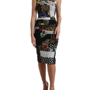 Multicolor Patchwork Midi Floral Leopard Bodycon Dress