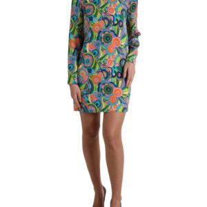 Multicolor Geometric Print Silk Crystals Midi Dress
