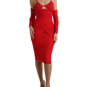 Red Nylon Stretch Cut Out Midi Dress