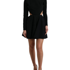 Black Viscose Cut Out A-line Long Sleeves Mini Dress