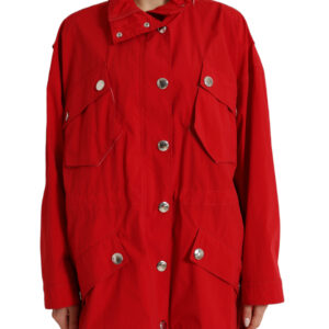 Red Polyester Hooded Button Rain Coat Jacket