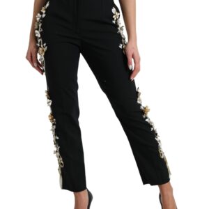 Black Floral Applique High Waist Tapered Pants