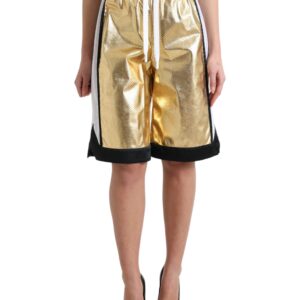 Gold Polyester Perforated High Waist Shorts
