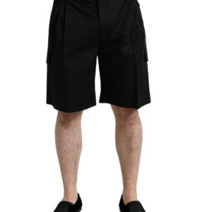 Black Cotton Stretch Cargo Bermuda Shorts