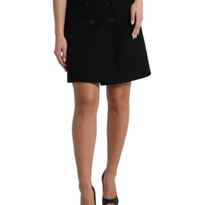 Black Wool Button High Waist Aline Mini Skirt