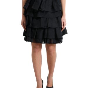 Black Tiered Aline High Waist Silk Mini Skirt