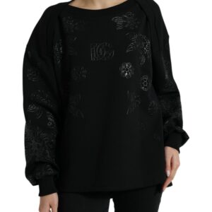 Black Pullover Floral Logo Applique Sweater