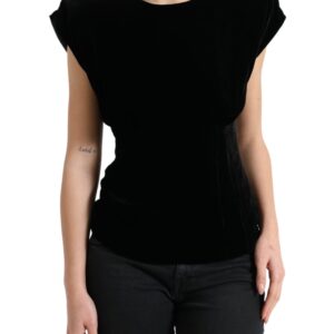 Black Velvet Fitted Padded Shoulder Blouse Top