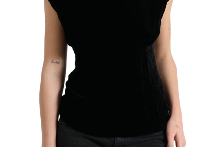 Black Velvet Fitted Padded Shoulder Blouse Top - Jag Couture London