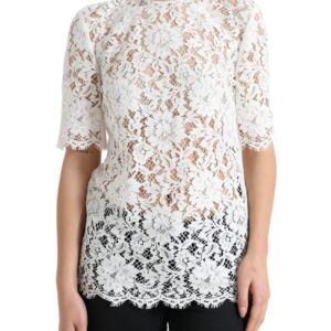 White Floral Lace Cotton Round Neck Blouse Top