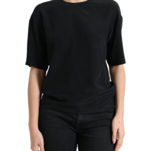 Black Silk Round Neck Short Sleeve Blouse Top