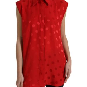 Red Polka Dot Sleeveless Collared Blouse Top