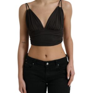 Brown Viscose Plunging V-neck Cropped Tank Top