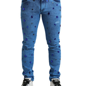 Blue Crystal Embellished Skinny Denim Jeans