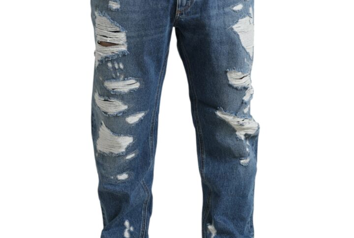 Blue Tattered Cotton Men Denim Jeans - Jag Couture London