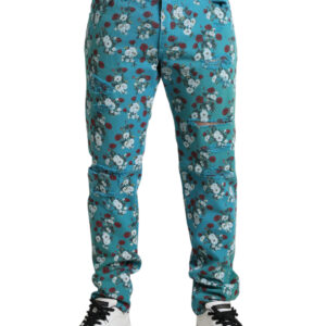 Blue Floral Print Skinny Cotton Denim Pants