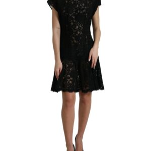 Black Floral Lace Cotton A-line Mini Dress