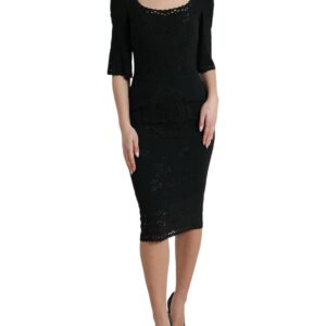 Black Floral Lace Viscose Bodycon Midi Dress
