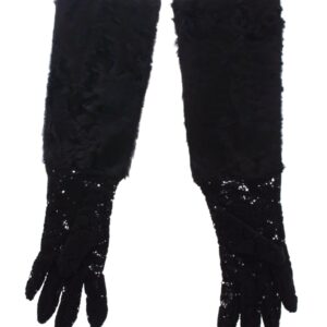 Black Lace Wool Lambskin Fur Elbow Gloves
