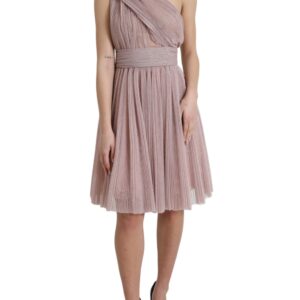 Pink One Shoulder Pleated Lame Tulle Dress