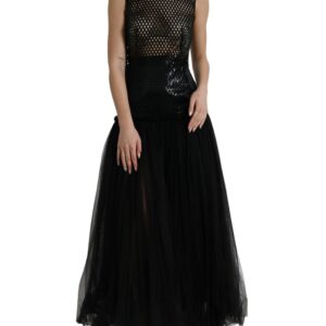Black Sequined Sleeveless Mesh Layered Gown Dress