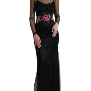 Black Floral Embroidery Mesh Tulle Gown Dress