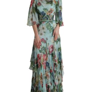 Blue Floral Print Tiered Long Maxi Dress