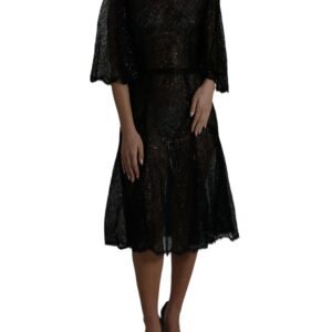 Black Floral Lace Sheer A-line Midi Dress
